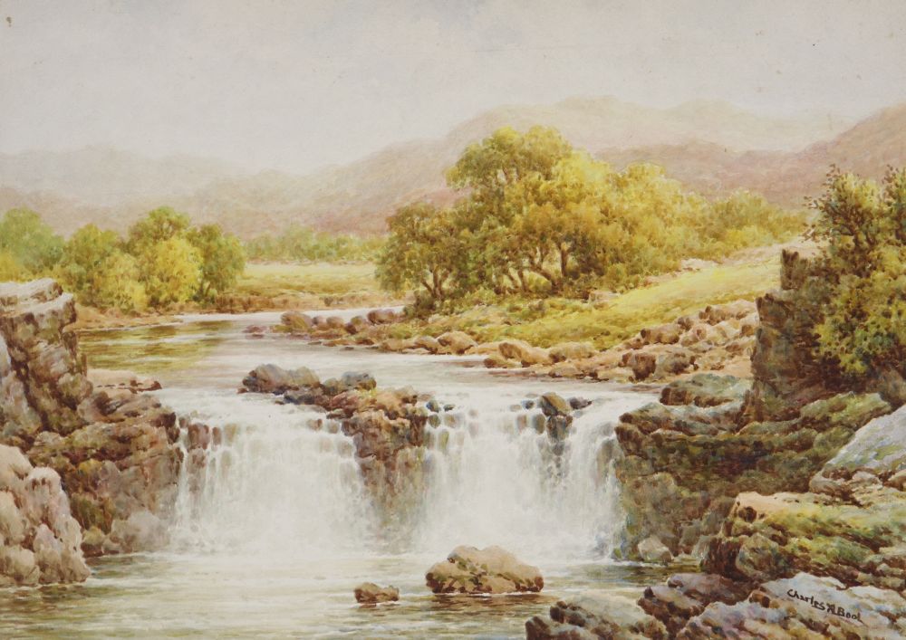 Charles A Bool (19th/20th century), Waterfalls in Snowdonia, watercolour on board, a pair, 28.5cm x 38.5cm, unframed